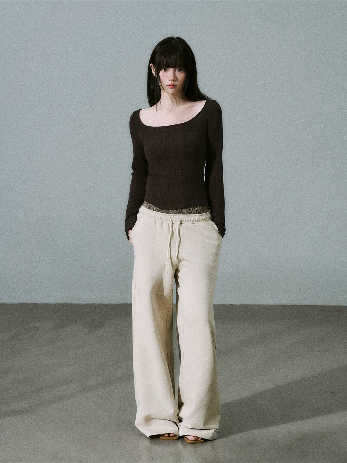 LOST FOREST - Purple Brown Wide-Neck Long Sleeve Top with Cable-Knit Scarf