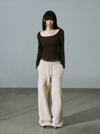 LOST FOREST - Purple Brown Wide-Neck Long Sleeve Top with Cable-Knit Scarf