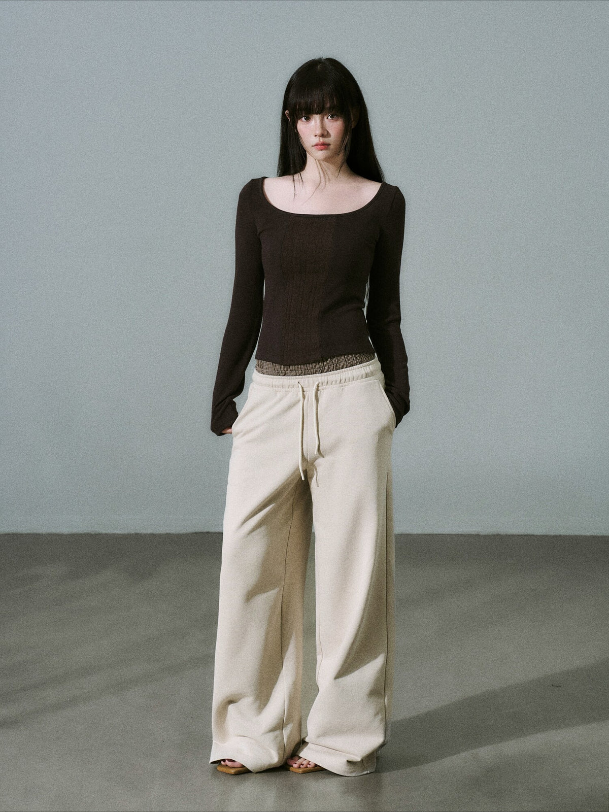 LOST FOREST - Purple Brown Wide-Neck Long Sleeve Top with Cable-Knit Scarf