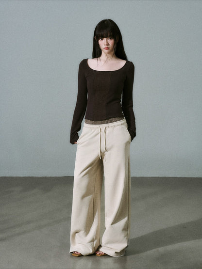 LOST FOREST - Purple Brown Wide-Neck Long Sleeve Top with Cable-Knit Scarf