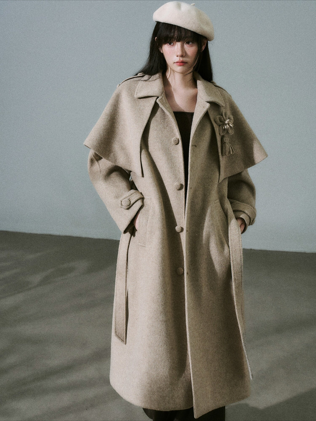 LOST FOREST - Milk Tea Wool-Blend Coat with Detachable Cape & Fringe Flowers