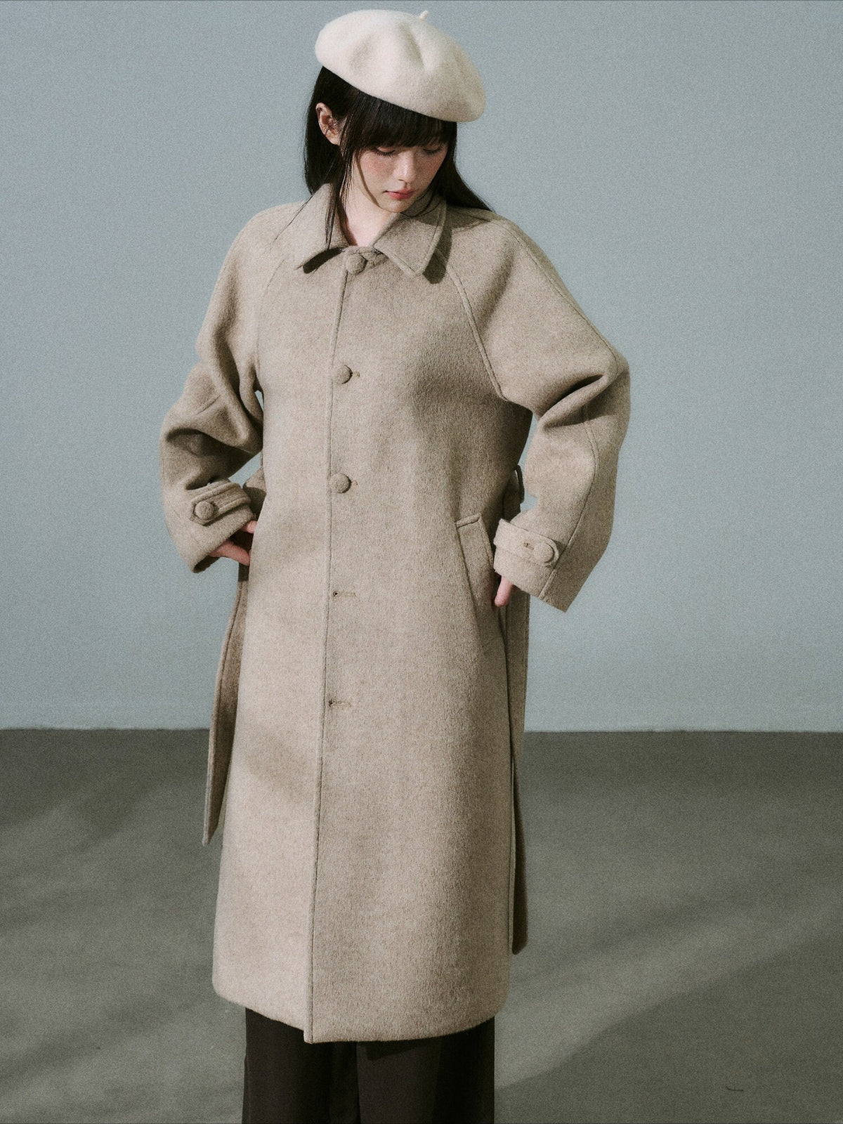 LOST FOREST - Milk Tea Wool-Blend Coat with Detachable Cape & Fringe Flowers