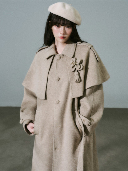 LOST FOREST - Milk Tea Wool-Blend Coat with Detachable Cape & Fringe Flowers