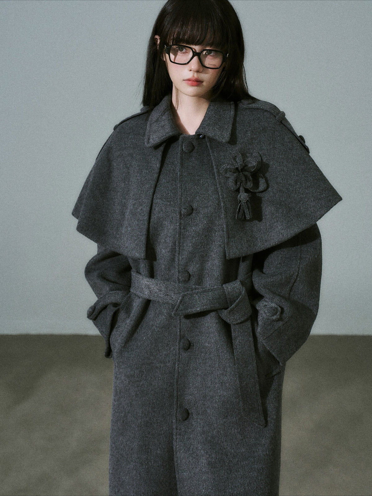 LOST FOREST - Dark Medium Gray Wool-Blend Coat with Detachable Cape & Fringe Flowers