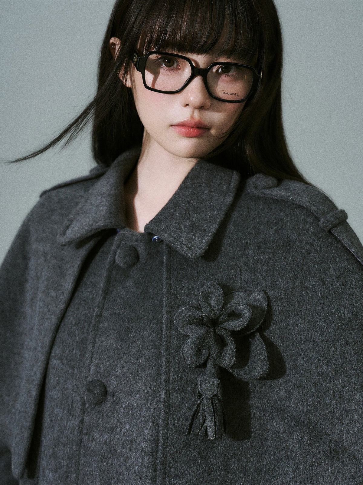 LOST FOREST - Dark Medium Gray Wool-Blend Coat with Detachable Cape & Fringe Flowers