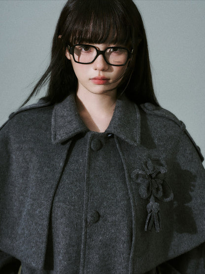 LOST FOREST - Dark Medium Gray Wool-Blend Coat with Detachable Cape & Fringe Flowers