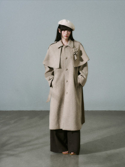 LOST FOREST - Milk Tea Wool-Blend Coat with Detachable Cape & Fringe Flowers