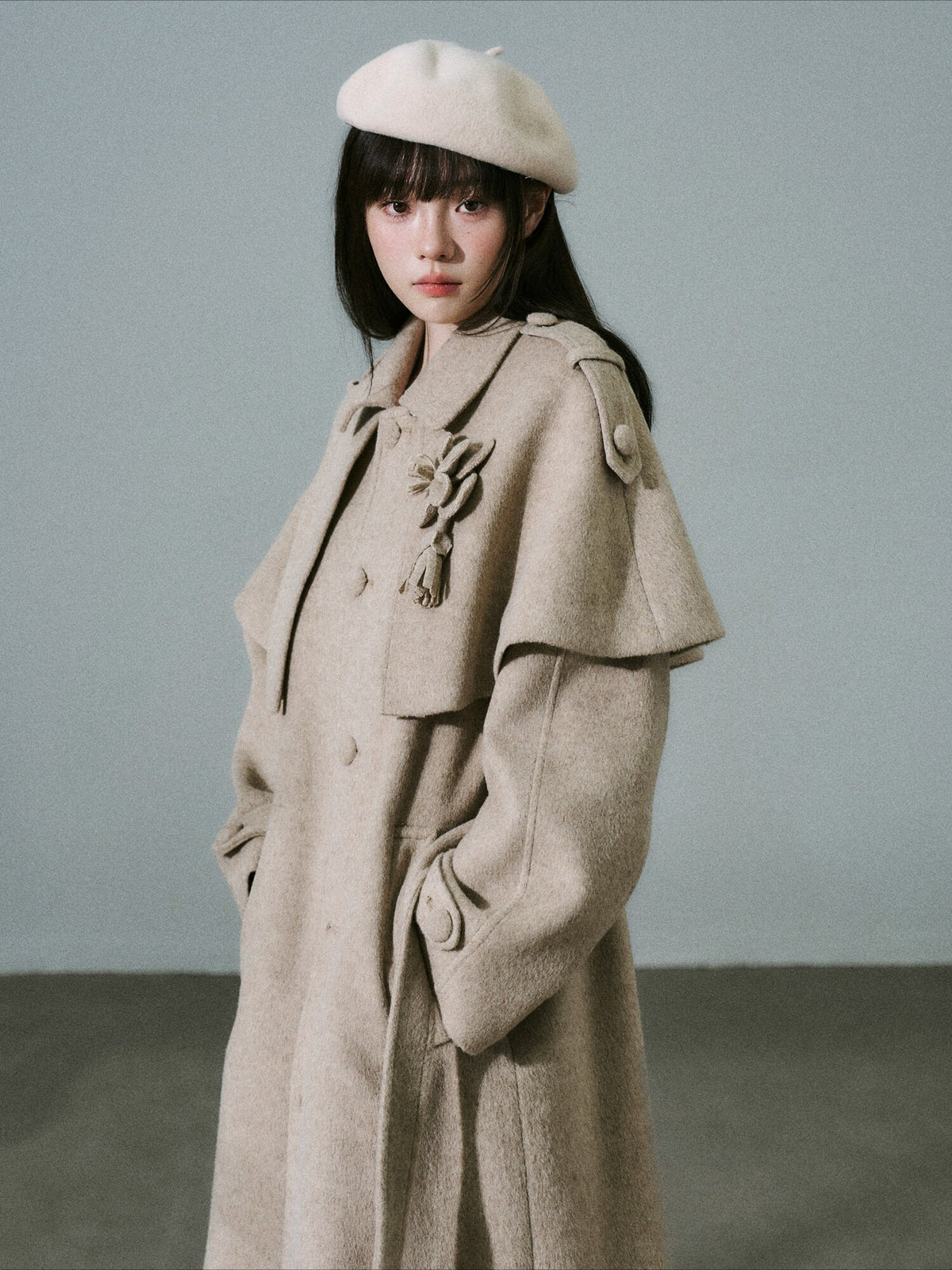 LOST FOREST - Milk Tea Wool-Blend Coat with Detachable Cape & Fringe Flowers