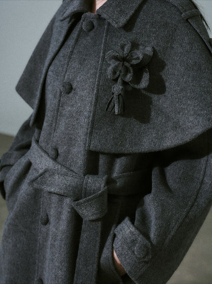 LOST FOREST - Dark Medium Gray Wool-Blend Coat with Detachable Cape & Fringe Flowers
