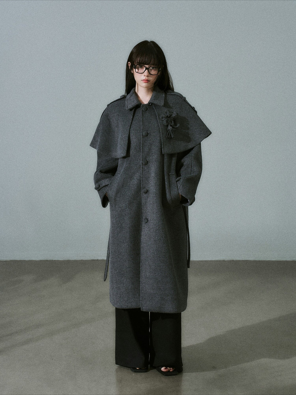 LOST FOREST - Dark Medium Gray Wool-Blend Coat with Detachable Cape & Fringe Flowers