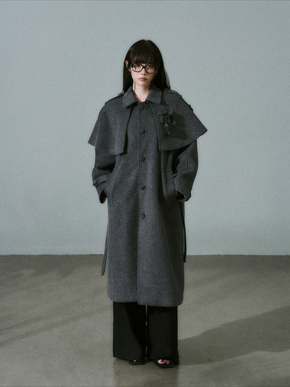 LOST FOREST - Dark Medium Gray Wool-Blend Coat with Detachable Cape & Fringe Flowers