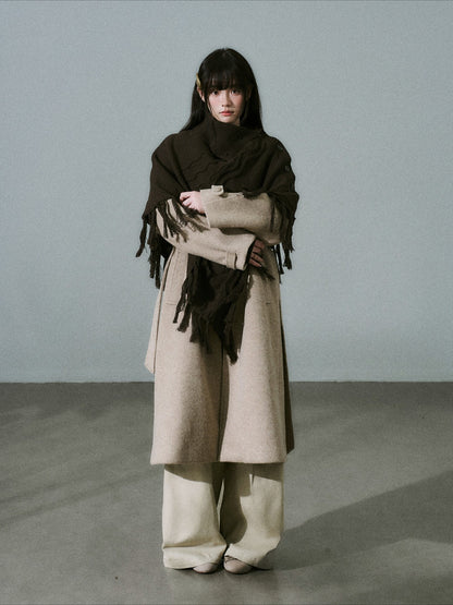 LOST FOREST - Milk Tea Wool-Blend Coat with Detachable Cape & Fringe Flowers