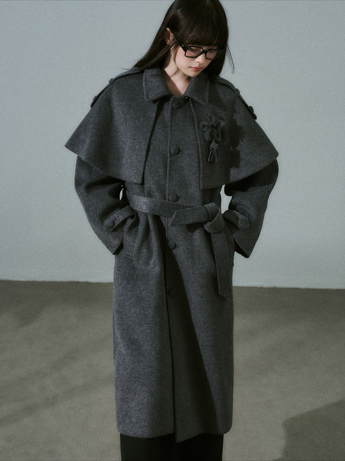 LOST FOREST - Dark Medium Gray Wool-Blend Coat with Detachable Cape & Fringe Flowers