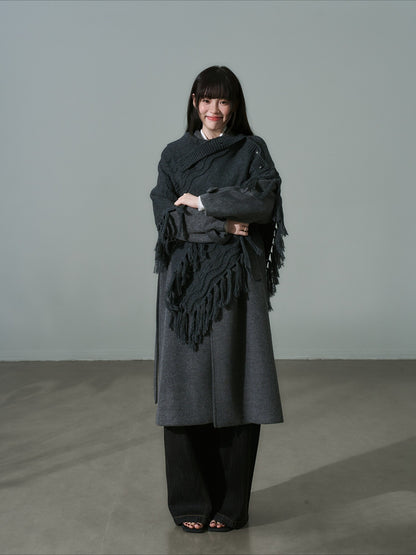 LOST FOREST - Wool-Blend Bow Graphic Fringe Cape Shawl (Coffee / Dark Gray)