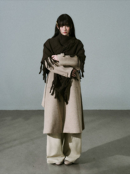 LOST FOREST - Wool-Blend Bow Graphic Fringe Cape Shawl (Coffee / Dark Gray)