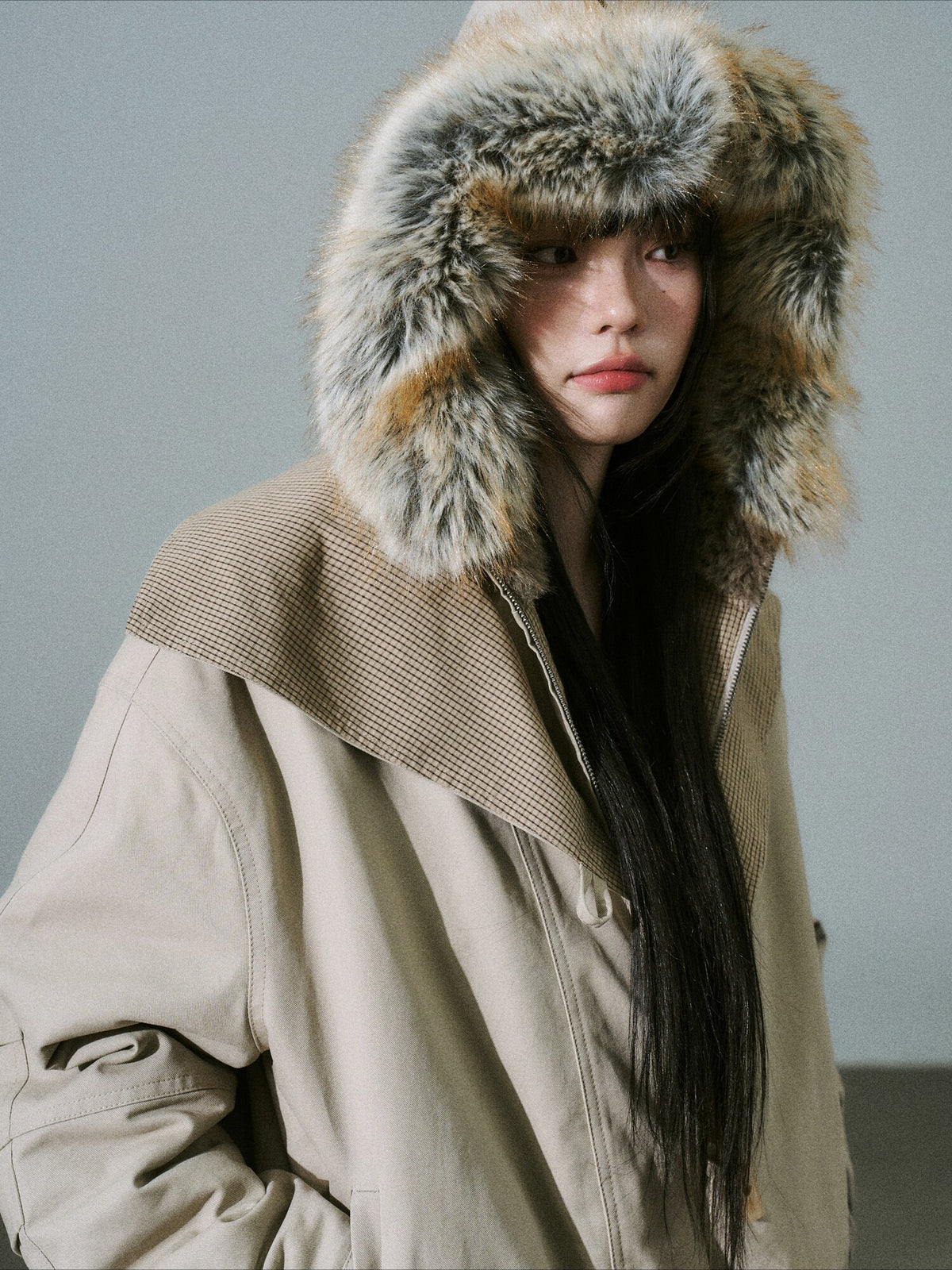 LOST FOREST - Milk Tea Plaid-Panel Cotton Utility Jacket with Detachable Faux-Fur Collar