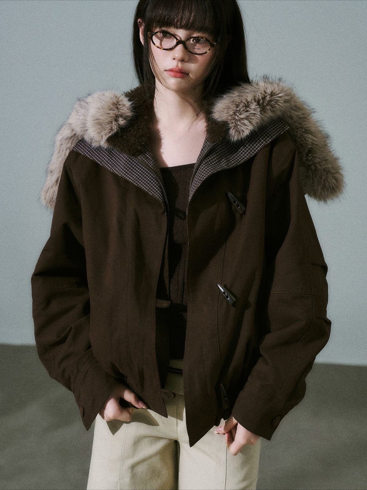 LOST FOREST - Dark Brown Plaid-Panel Cotton Utility Jacket with Detachable Faux-Fur Collar