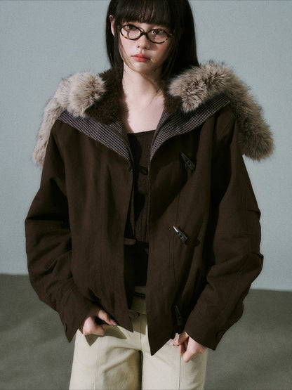 LOST FOREST - Dark Brown Plaid-Panel Cotton Utility Jacket with Detachable Faux-Fur Collar