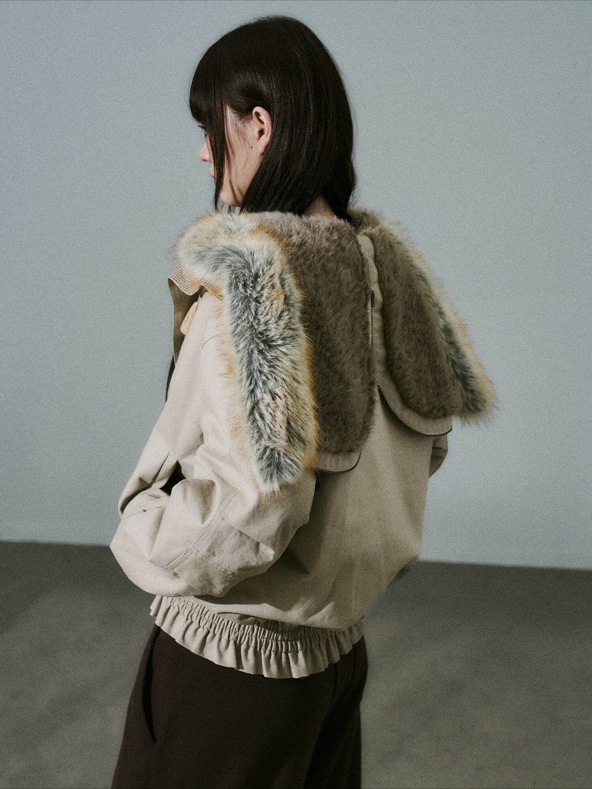 LOST FOREST - Milk Tea Plaid-Panel Cotton Utility Jacket with Detachable Faux-Fur Collar