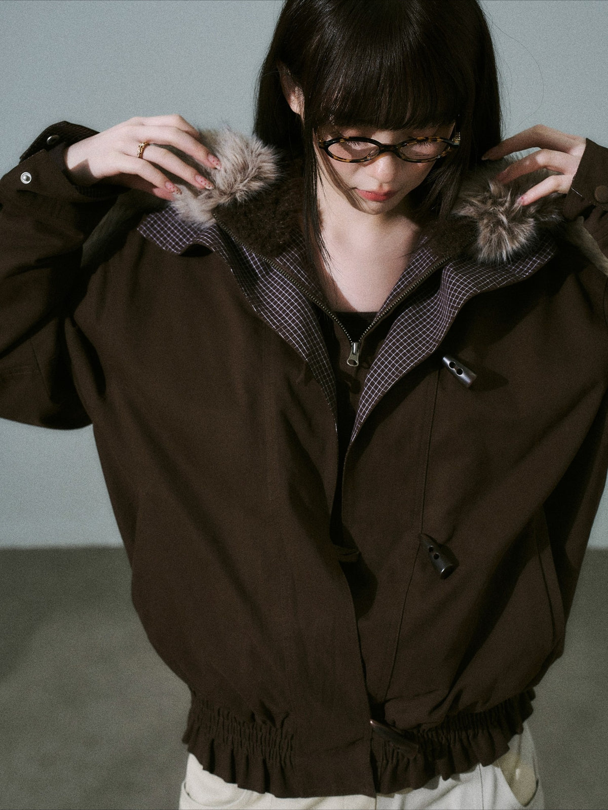 LOST FOREST - Dark Brown Plaid-Panel Cotton Utility Jacket with Detachable Faux-Fur Collar