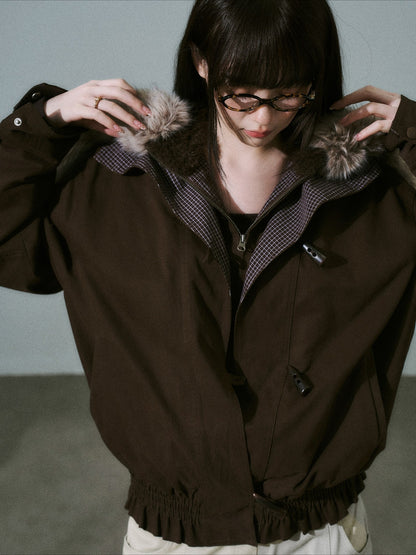 LOST FOREST - Dark Brown Plaid-Panel Cotton Utility Jacket with Detachable Faux-Fur Collar