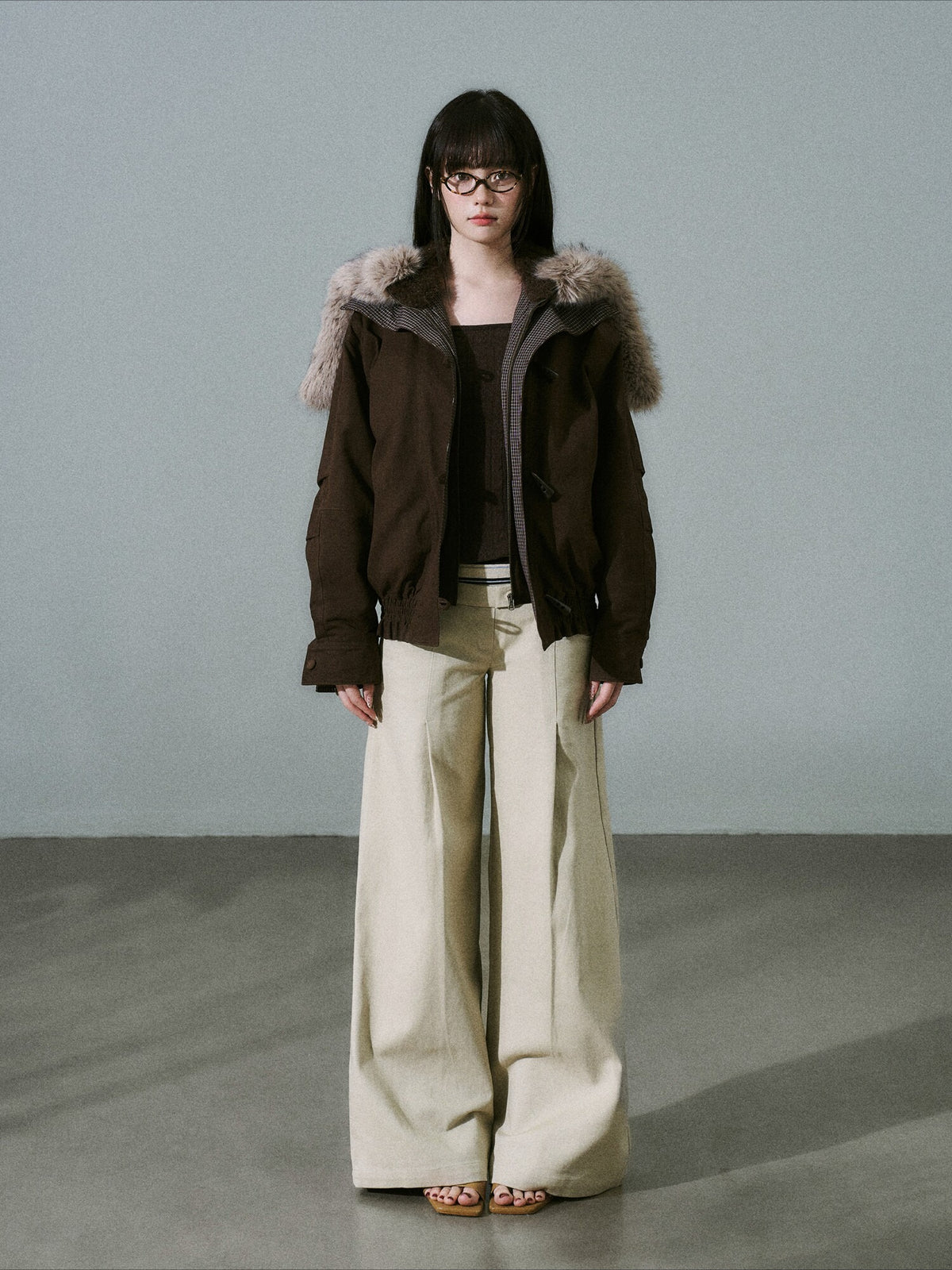 LOST FOREST - Dark Brown Plaid-Panel Cotton Utility Jacket with Detachable Faux-Fur Collar