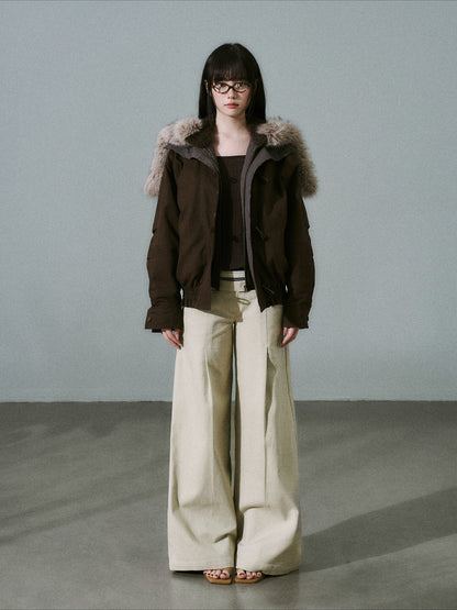 LOST FOREST - Dark Brown Plaid-Panel Cotton Utility Jacket with Detachable Faux-Fur Collar