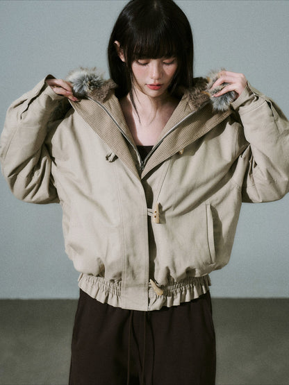 LOST FOREST - Milk Tea Plaid-Panel Cotton Utility Jacket with Detachable Faux-Fur Collar