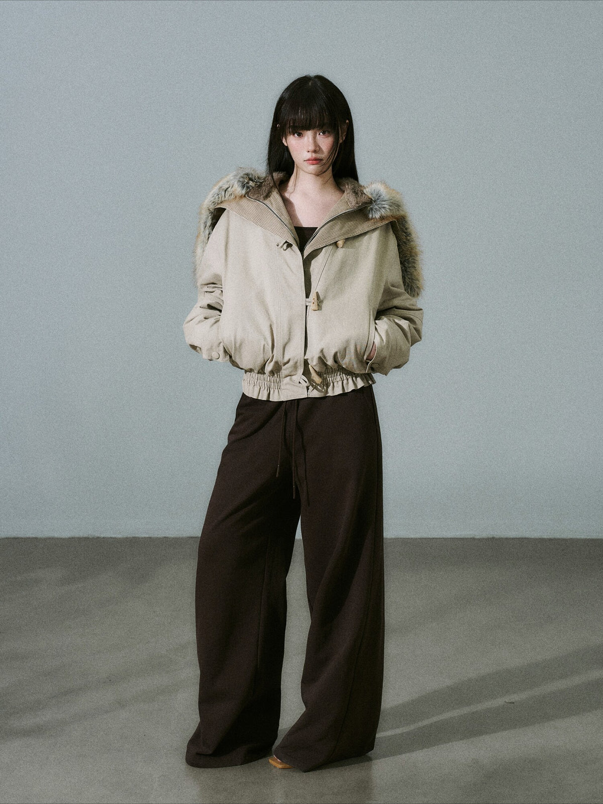 LOST FOREST - Milk Tea Plaid-Panel Cotton Utility Jacket with Detachable Faux-Fur Collar