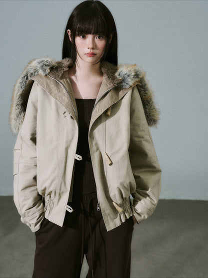 LOST FOREST - Milk Tea Plaid-Panel Cotton Utility Jacket with Detachable Faux-Fur Collar