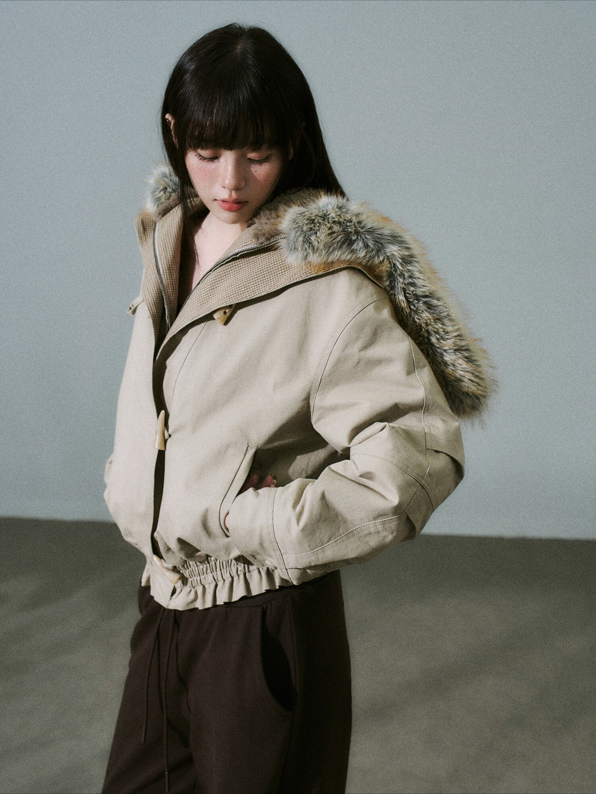 LOST FOREST - Milk Tea Plaid-Panel Cotton Utility Jacket with Detachable Faux-Fur Collar