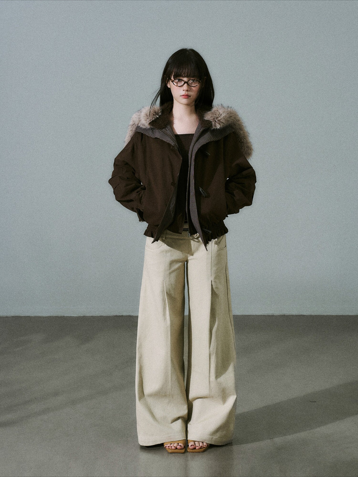 LOST FOREST - Dark Brown Plaid-Panel Cotton Utility Jacket with Detachable Faux-Fur Collar