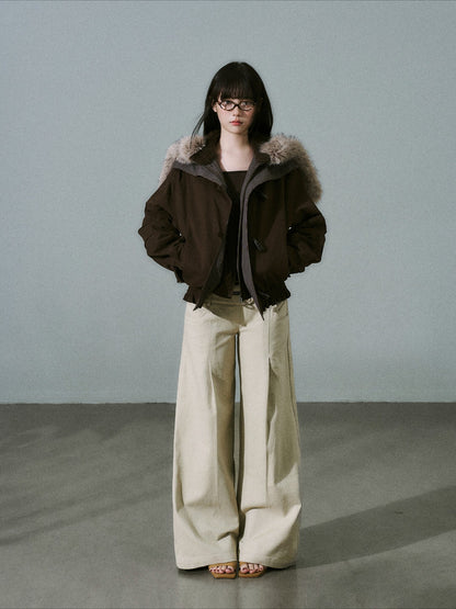 LOST FOREST - Dark Brown Plaid-Panel Cotton Utility Jacket with Detachable Faux-Fur Collar