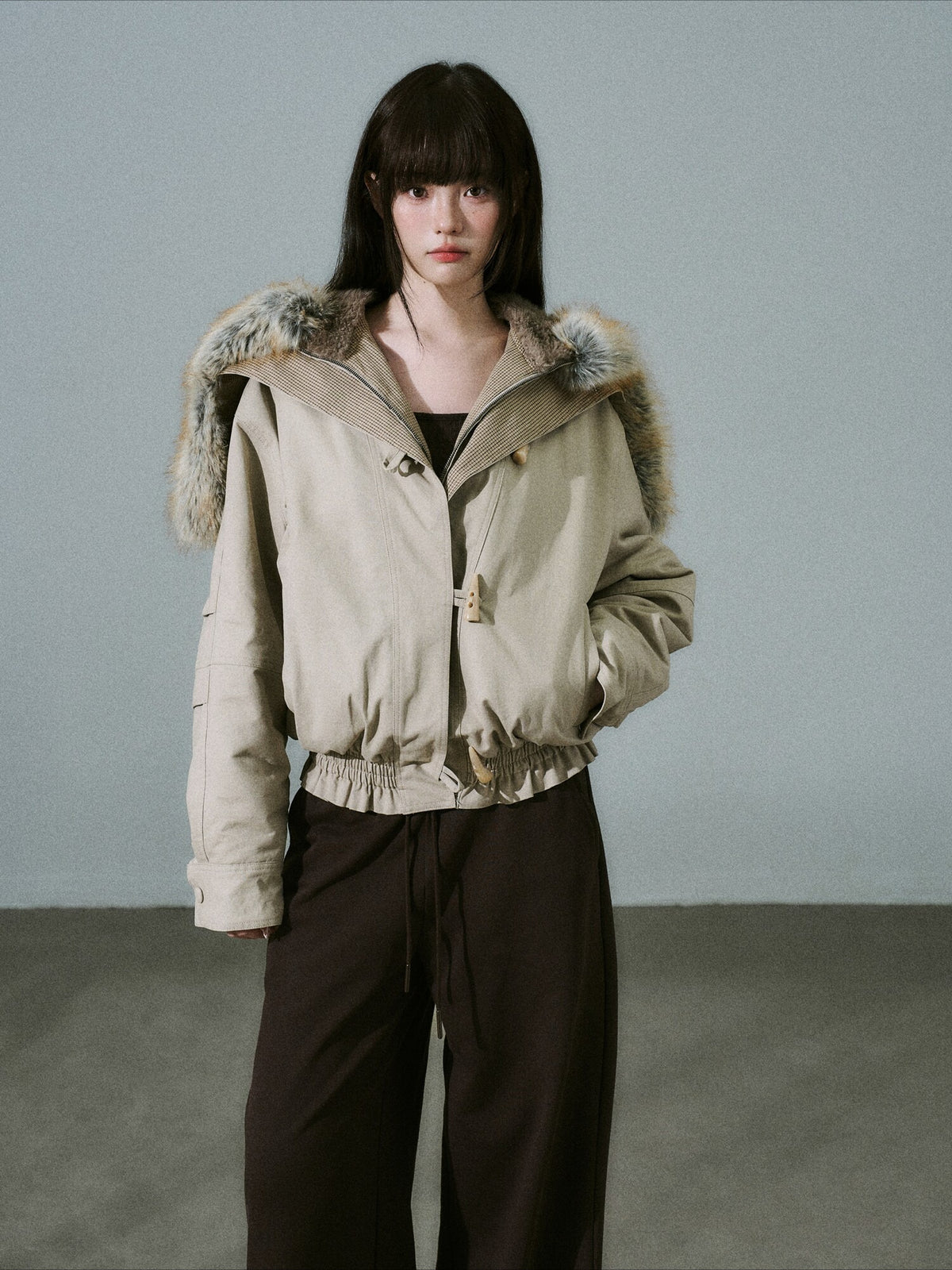 LOST FOREST - Milk Tea Plaid-Panel Cotton Utility Jacket with Detachable Faux-Fur Collar