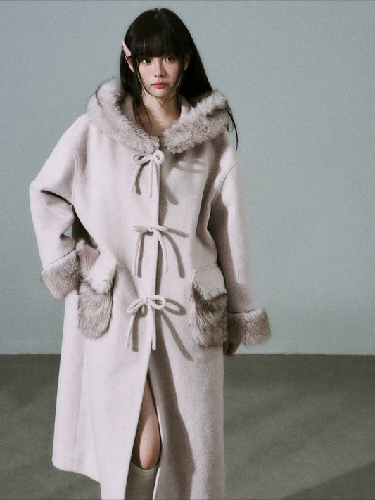 LOST FOREST - Pale Pink Wool-Blend Hooded Long Coat with Bow Tie & Faux-Fur Trim