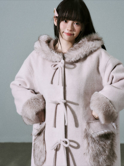 LOST FOREST - Pale Pink Wool-Blend Hooded Long Coat with Bow Tie & Faux-Fur Trim