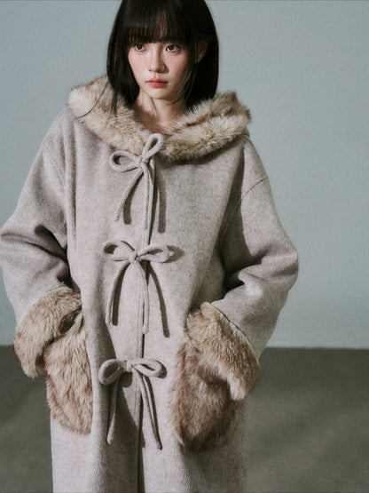 LOST FOREST - Milk Tea Wool-Blend Hooded Long Coat with Bow Tie & Faux-Fur Trim