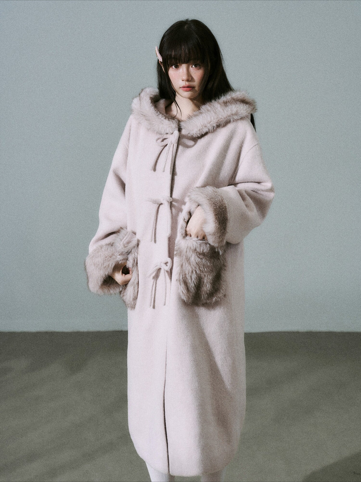 LOST FOREST - Pale Pink Wool-Blend Hooded Long Coat with Bow Tie & Faux-Fur Trim