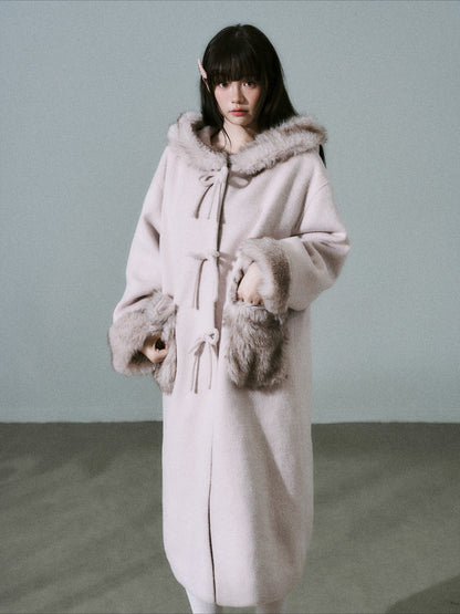 LOST FOREST - Pale Pink Wool-Blend Hooded Long Coat with Bow Tie & Faux-Fur Trim