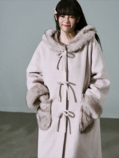 LOST FOREST - Pale Pink Wool-Blend Hooded Long Coat with Bow Tie & Faux-Fur Trim