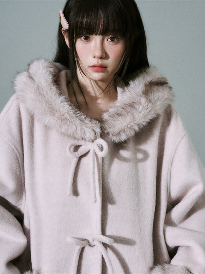 LOST FOREST - Pale Pink Wool-Blend Hooded Long Coat with Bow Tie & Faux-Fur Trim