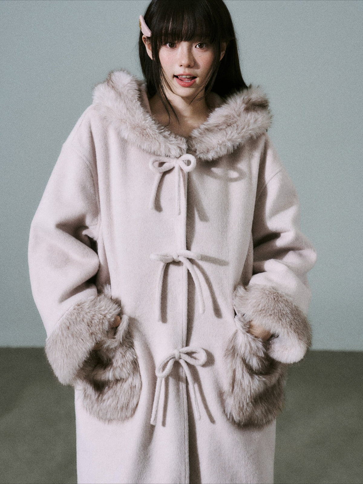 LOST FOREST - Pale Pink Wool-Blend Hooded Long Coat with Bow Tie & Faux-Fur Trim