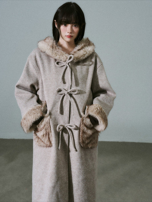 LOST FOREST - Milk Tea Wool-Blend Hooded Long Coat with Bow Tie & Faux-Fur Trim