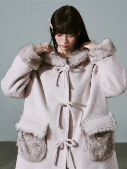 LOST FOREST - Pale Pink Wool-Blend Hooded Long Coat with Bow Tie & Faux-Fur Trim