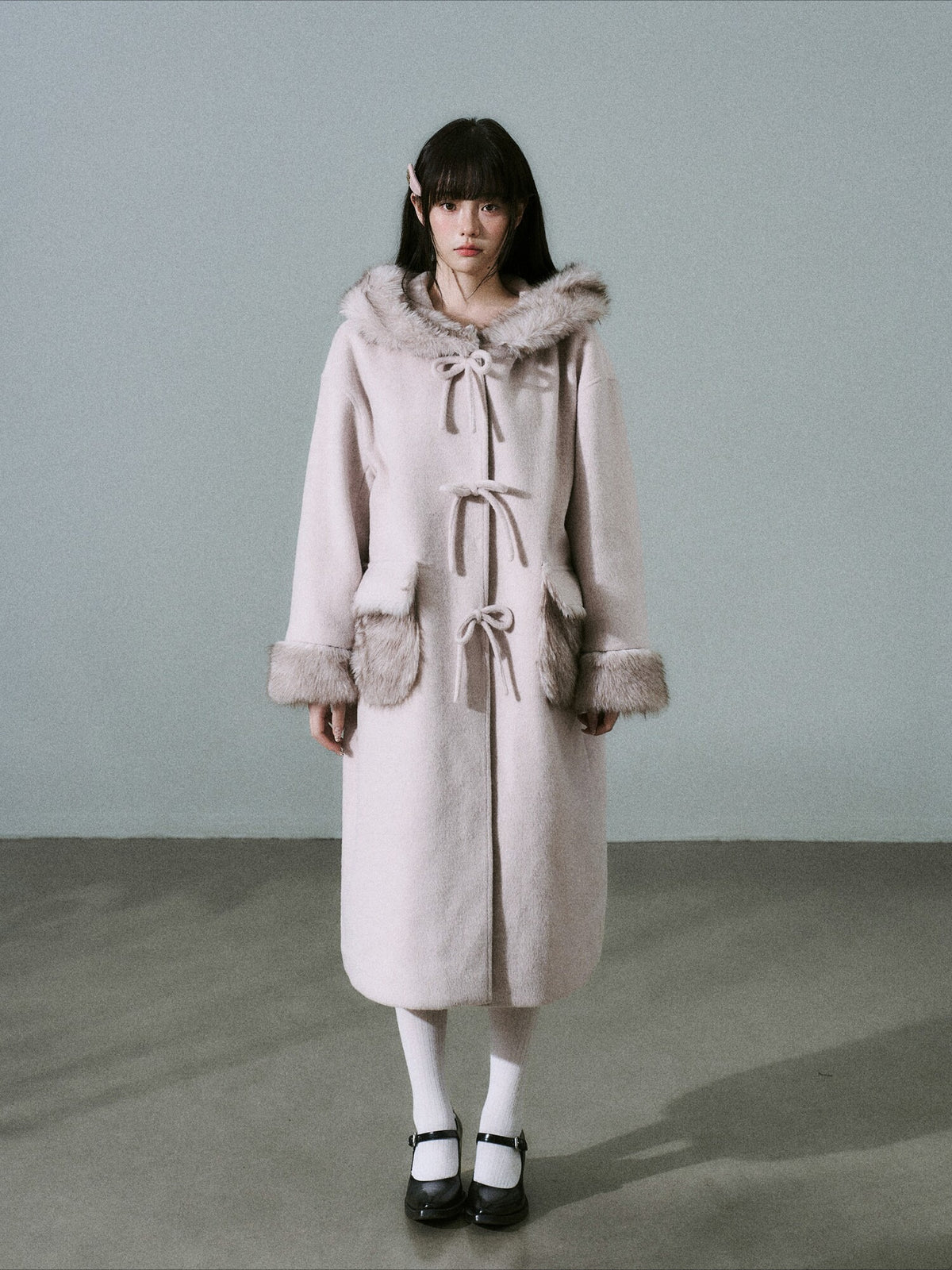LOST FOREST - Pale Pink Wool-Blend Hooded Long Coat with Bow Tie & Faux-Fur Trim