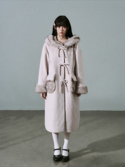 LOST FOREST - Pale Pink Wool-Blend Hooded Long Coat with Bow Tie & Faux-Fur Trim