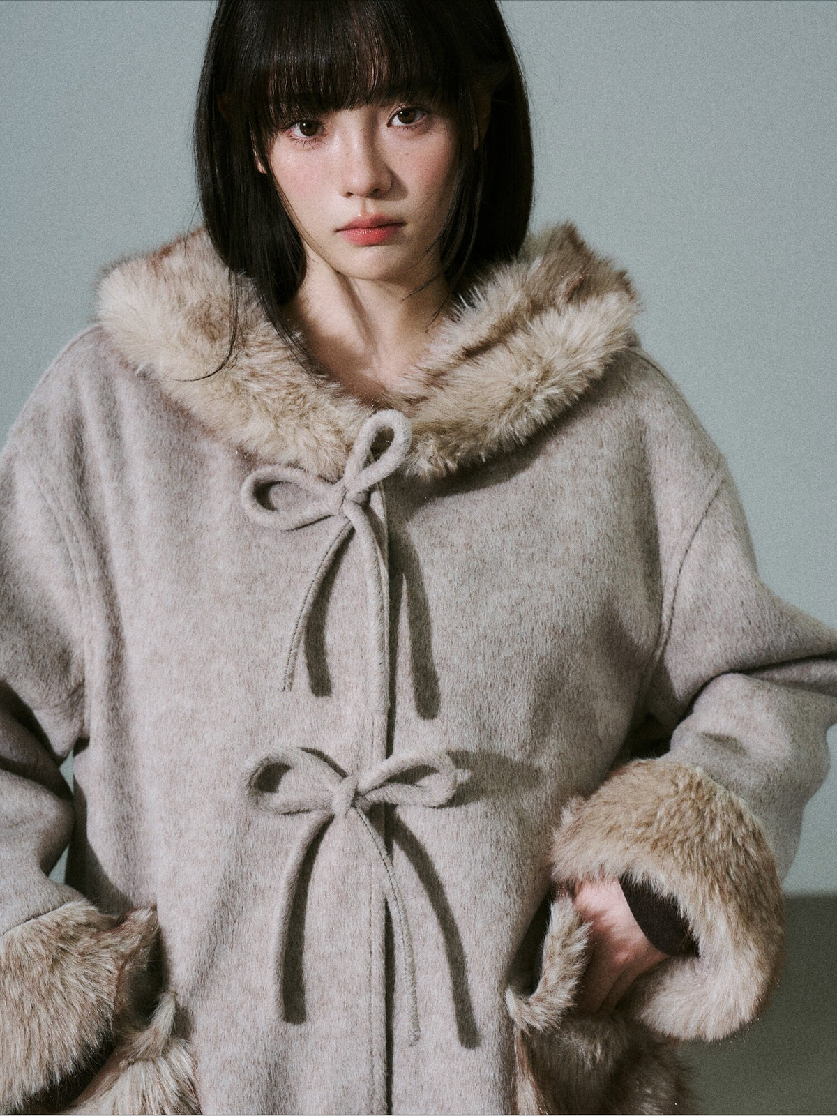 LOST FOREST - Milk Tea Wool-Blend Hooded Long Coat with Bow Tie & Faux-Fur Trim