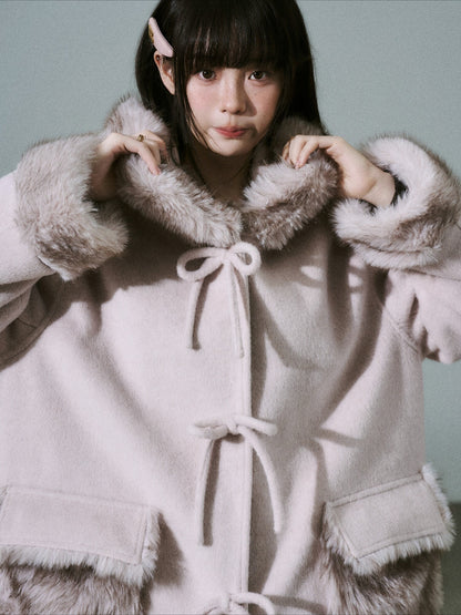 LOST FOREST - Pale Pink Wool-Blend Hooded Long Coat with Bow Tie & Faux-Fur Trim