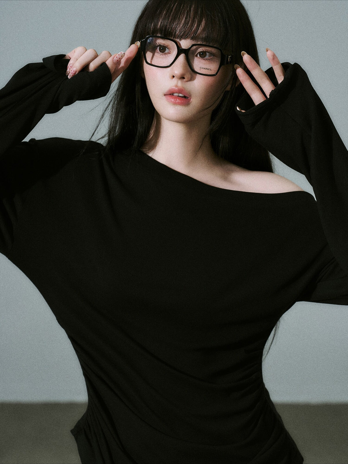 LOST FOREST - Black Lyocell-Wool One-Shoulder Long Sleeve Top