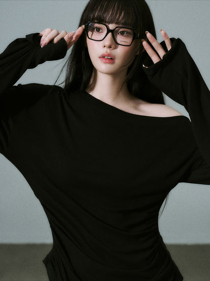 LOST FOREST - Black Lyocell-Wool One-Shoulder Long Sleeve Top